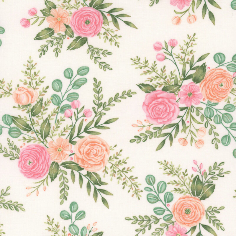A white fabric with tossed bouquets of coral and pink florals and eucalyptus leaves.