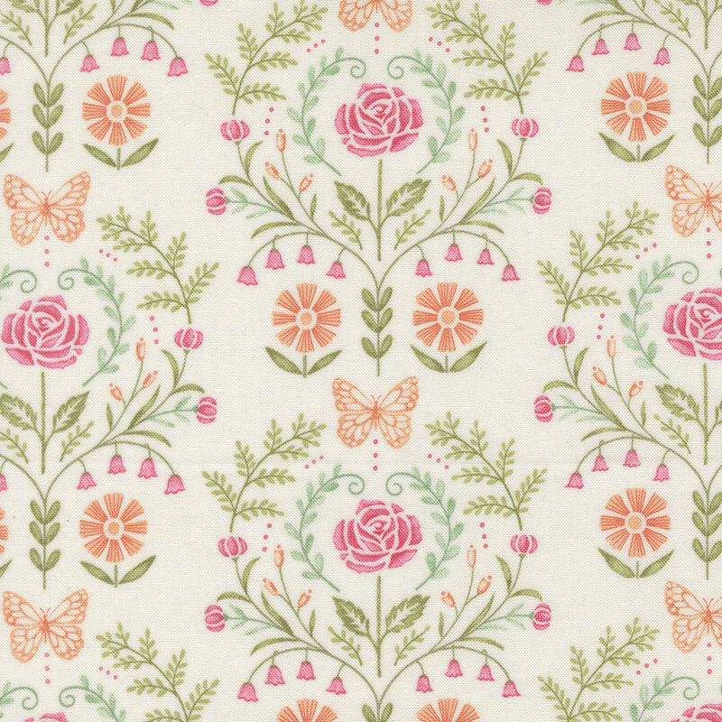 A cream fabric with a green, pink, coral, and misty blue floral damask design.
