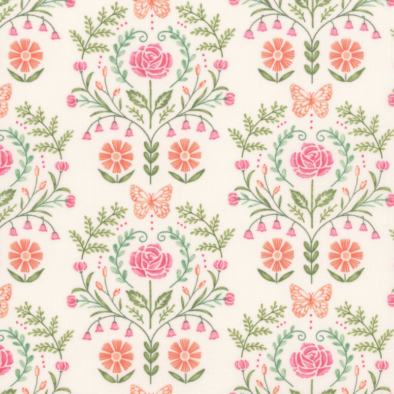 A cream fabric with a green, pink, coral, and misty blue floral damask design.