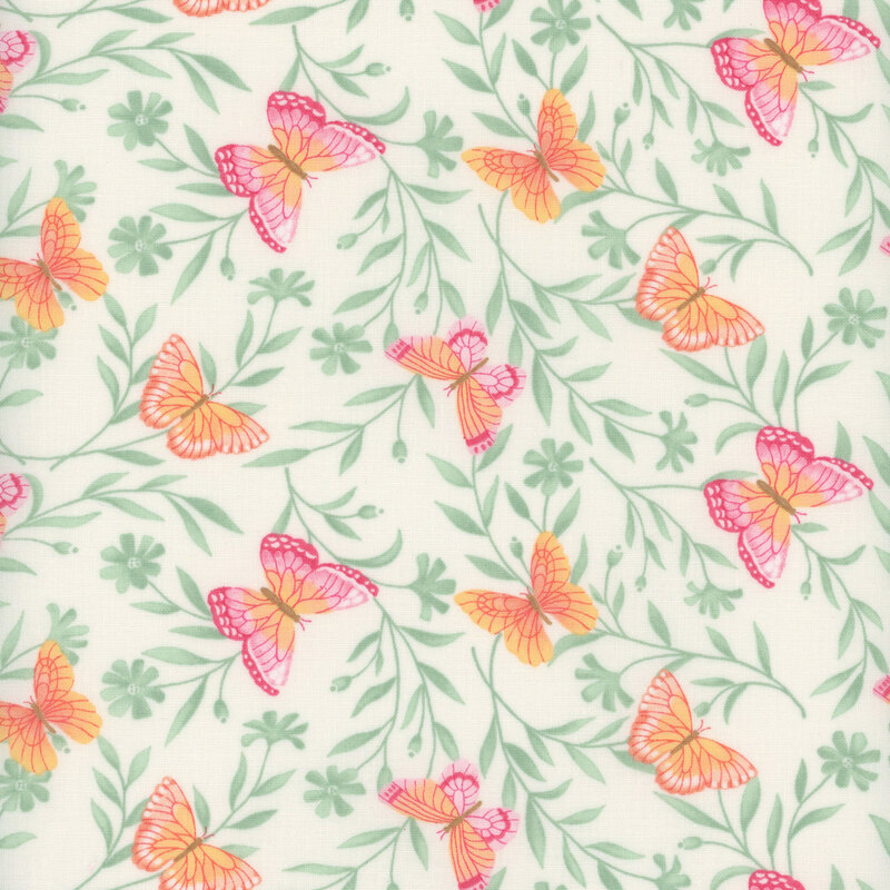 A cream fabric with sage green vines, flowers, and pink and orange butterflies.