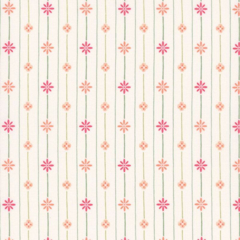 An off white fabric with stripes with pink and peach floral elements.