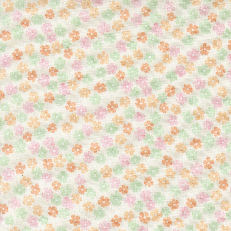 A white fabric with tossed small pink, coral, green, and orange flowers.