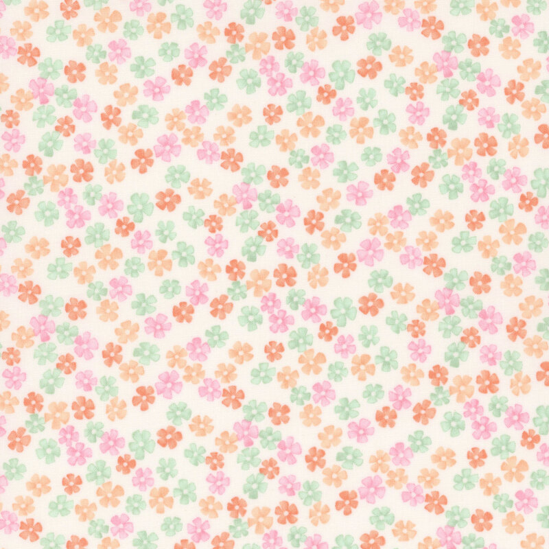 A white fabric with tossed small pink, coral, green, and orange flowers.