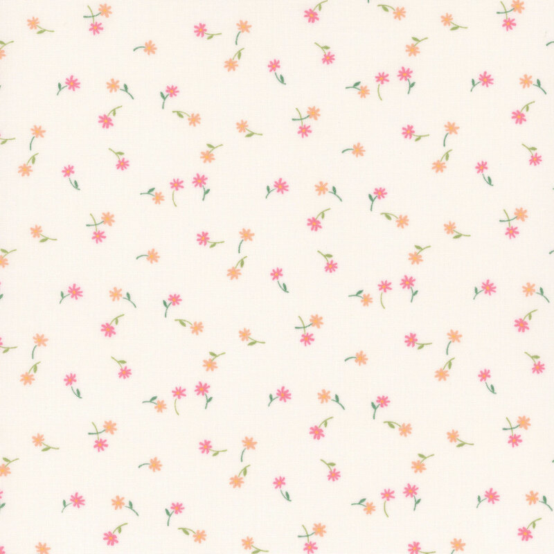 A cream fabric with tossed small pink and coral flowers and stems.