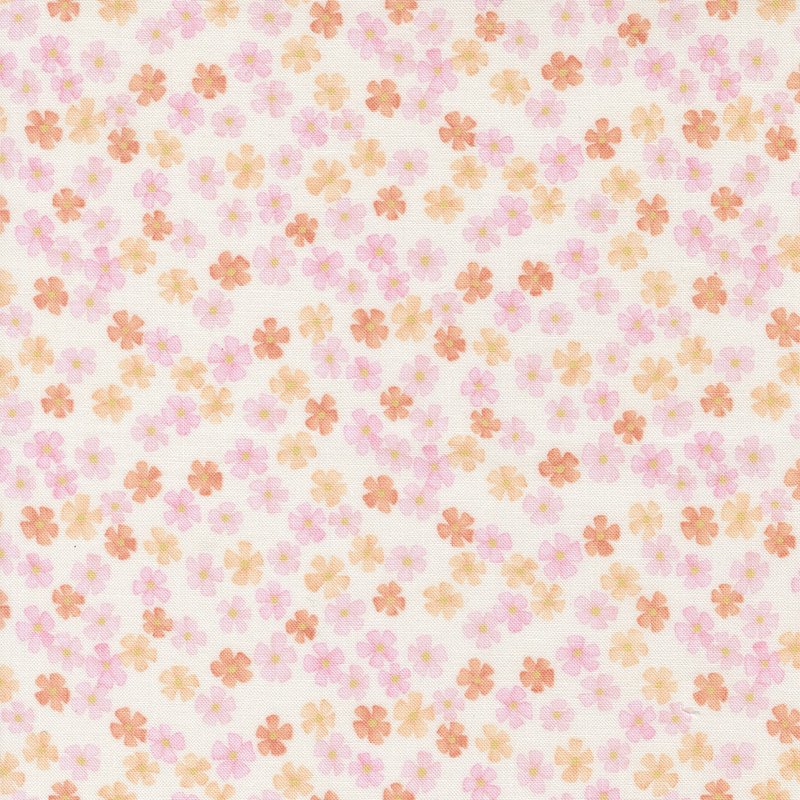 A white fabric with tossed small pink, coral, and orange flowers.