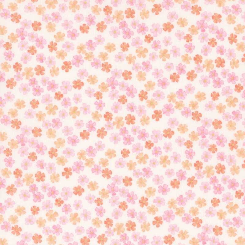 A white fabric with tossed small pink, coral, and orange flowers.