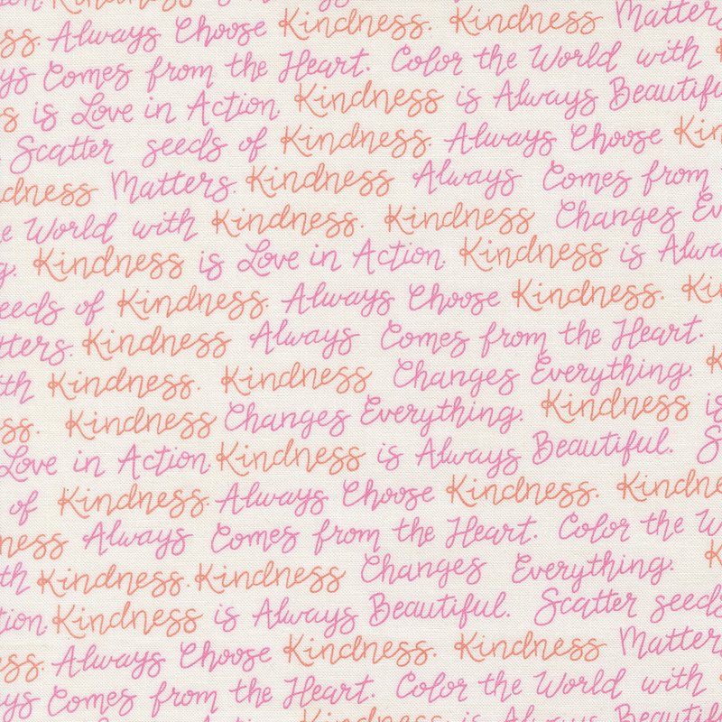A white fabric with rows of uplifting sayings in cursive pink and coral text.