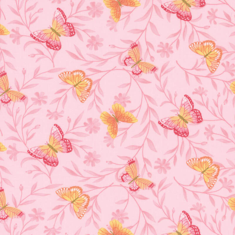 A light pink fabric with tonal vines, flowers, and pink and orange butterflies.
