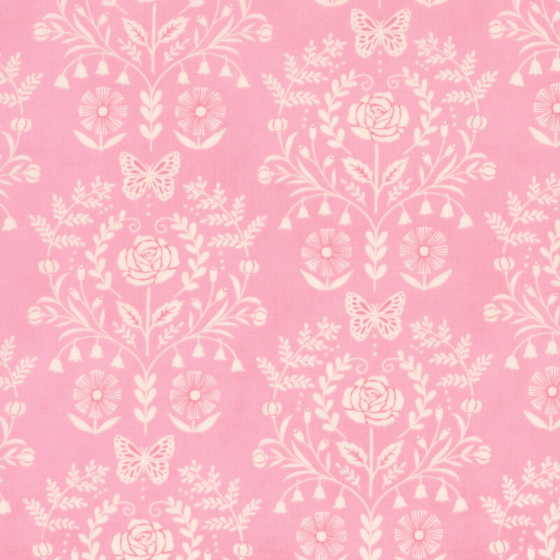 A pink fabric with a cream damask design.