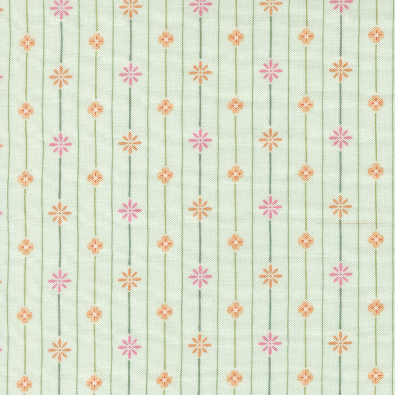 A misty green fabric with stripes with pink and orange floral elements.
