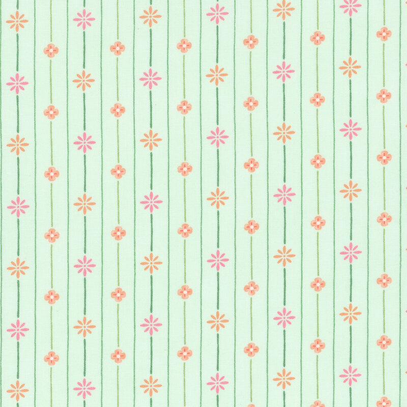 A misty green fabric with stripes with pink and orange floral elements.