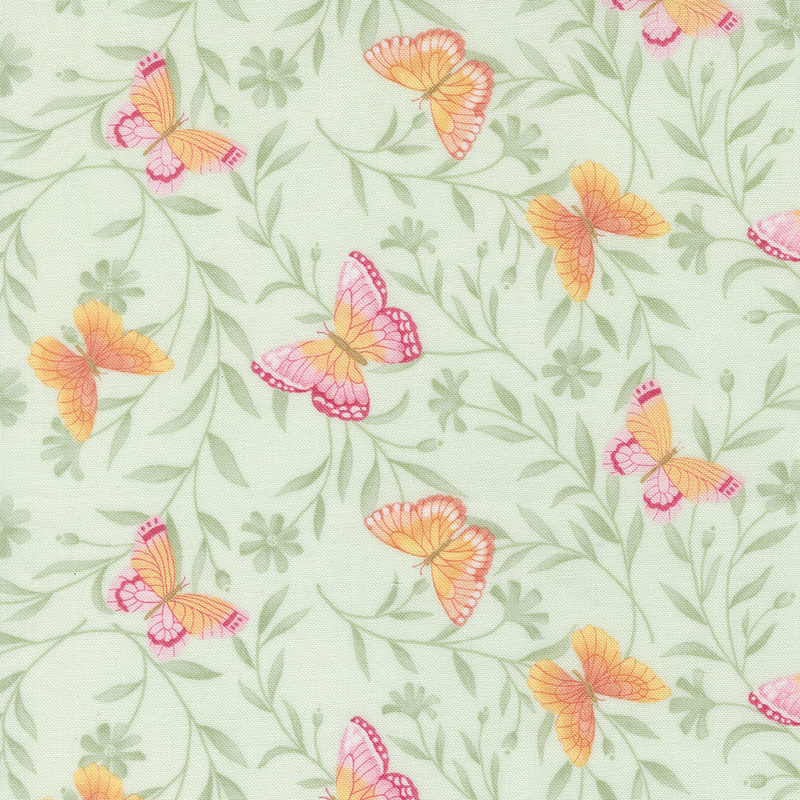 A misty green fabric with tonal vines, flowers, and pink and orange butterflies.