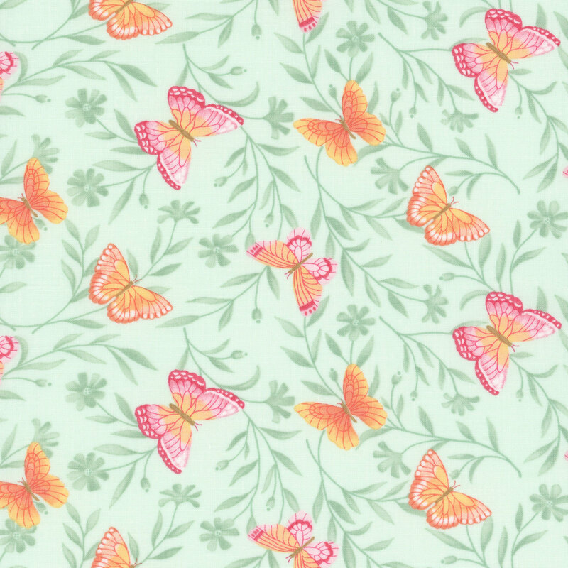 A misty green fabric with tonal vines, flowers, and pink and orange butterflies.