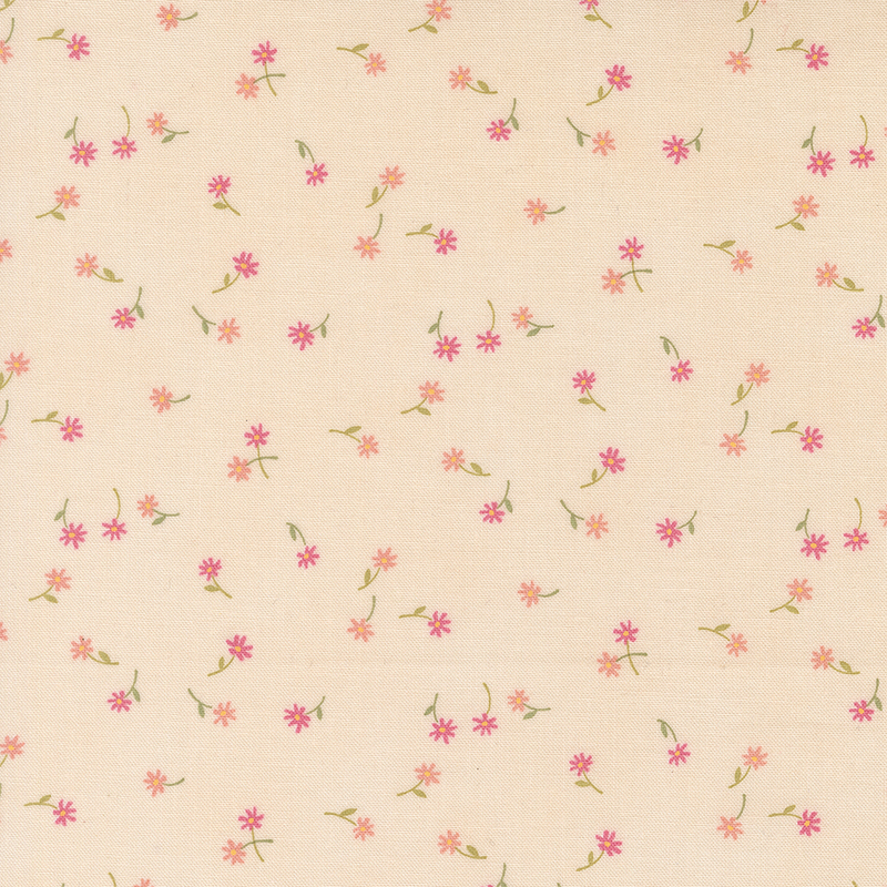 A peach fabric with tossed small pink and coral flowers and stems.