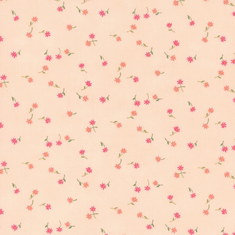 A peach fabric with tossed small pink and coral flowers and stems.