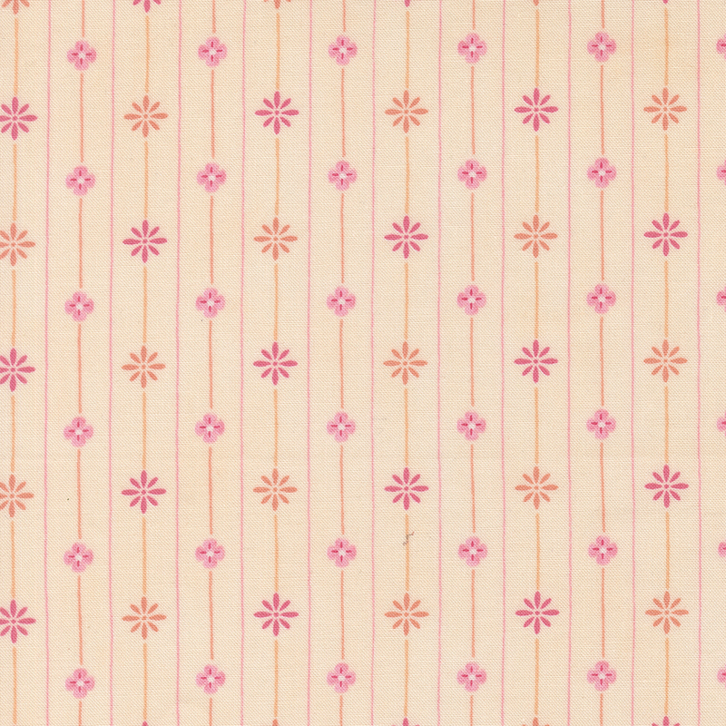 A peachy fabric with stripes with pink and orange floral elements.