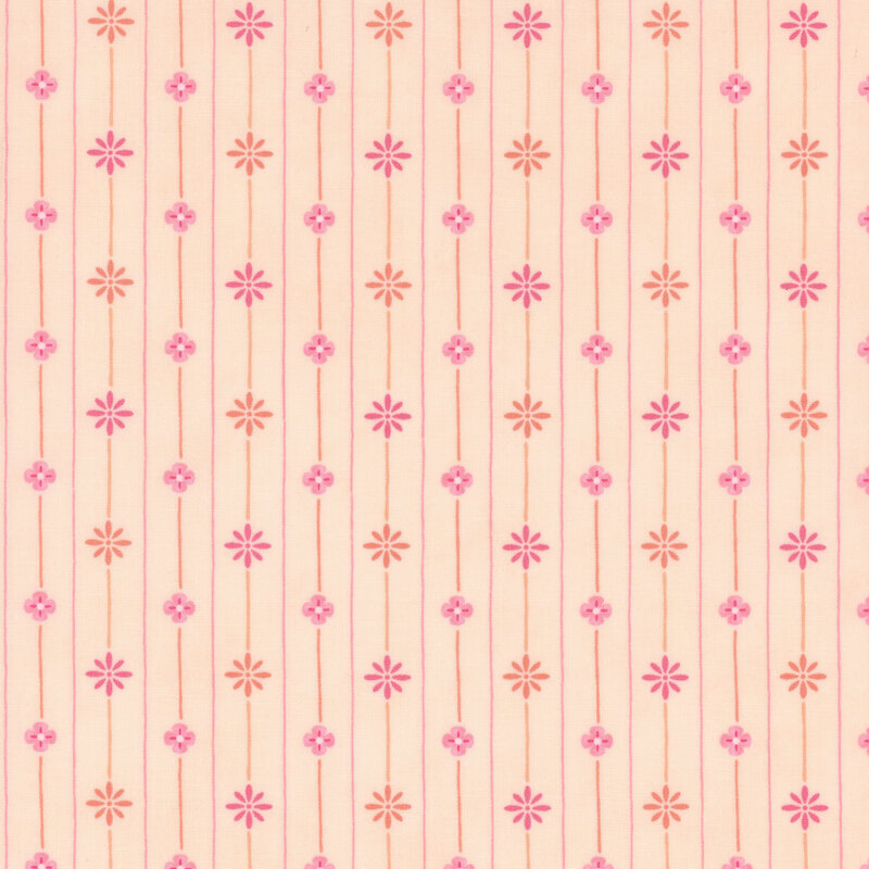 A peachy fabric with stripes with pink and orange floral elements.