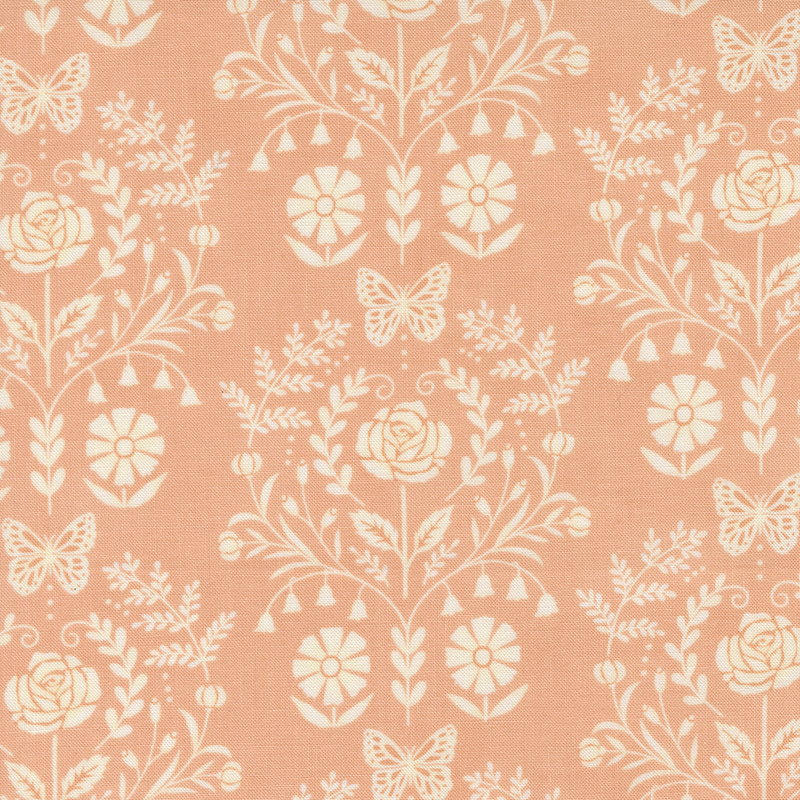 A coral fabric with a cream damask design.