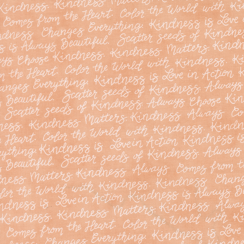 A coral fabric with rows of uplifting sayings in cursive white text.