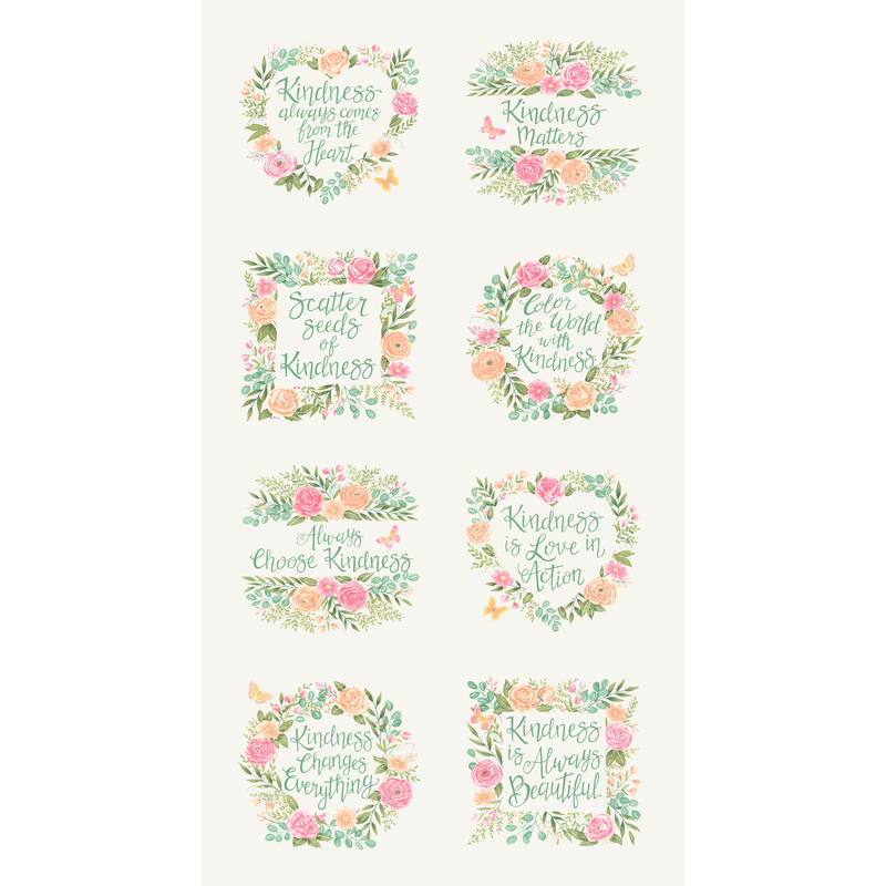 A cream panel fabric with eight floral emblems with uplifting sentences in the centers.