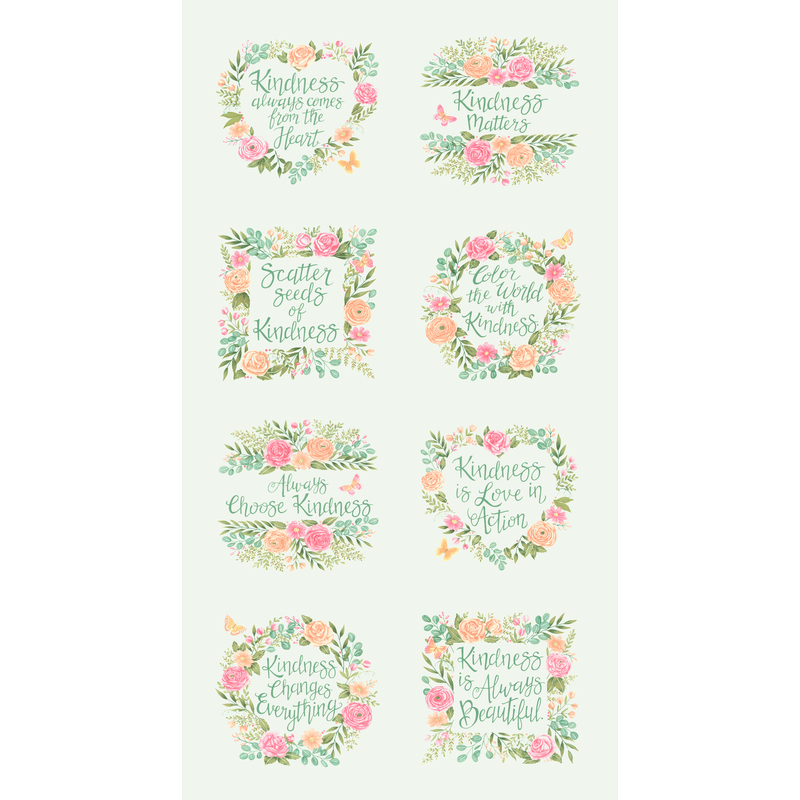 A misty green panel fabric with eight floral emblems with uplifting sentences in the centers.