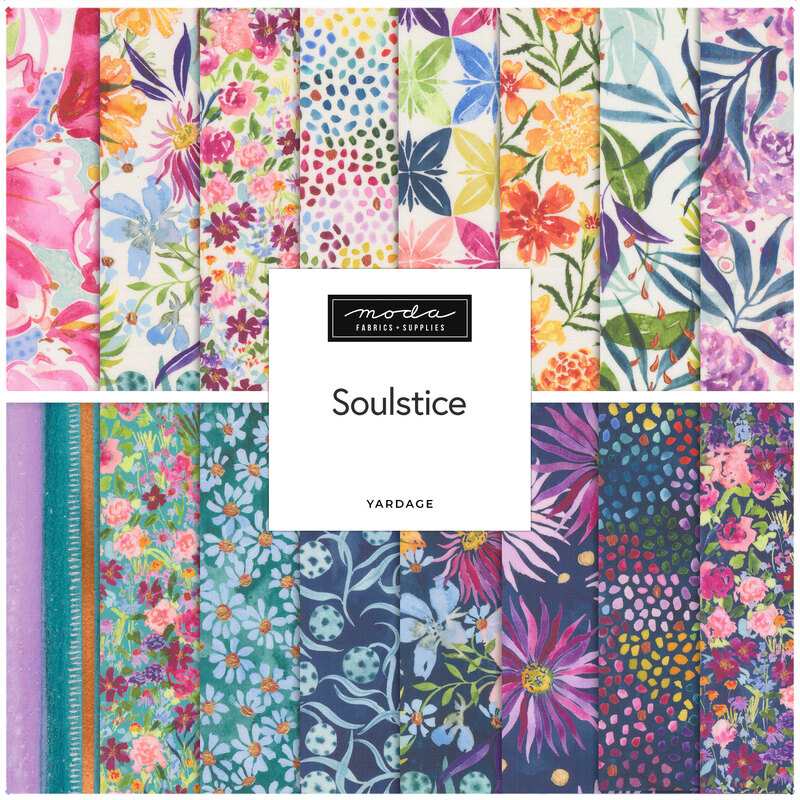 A collage of fabrics in the Soulstice collection featuring vibrant floral watercolor prints