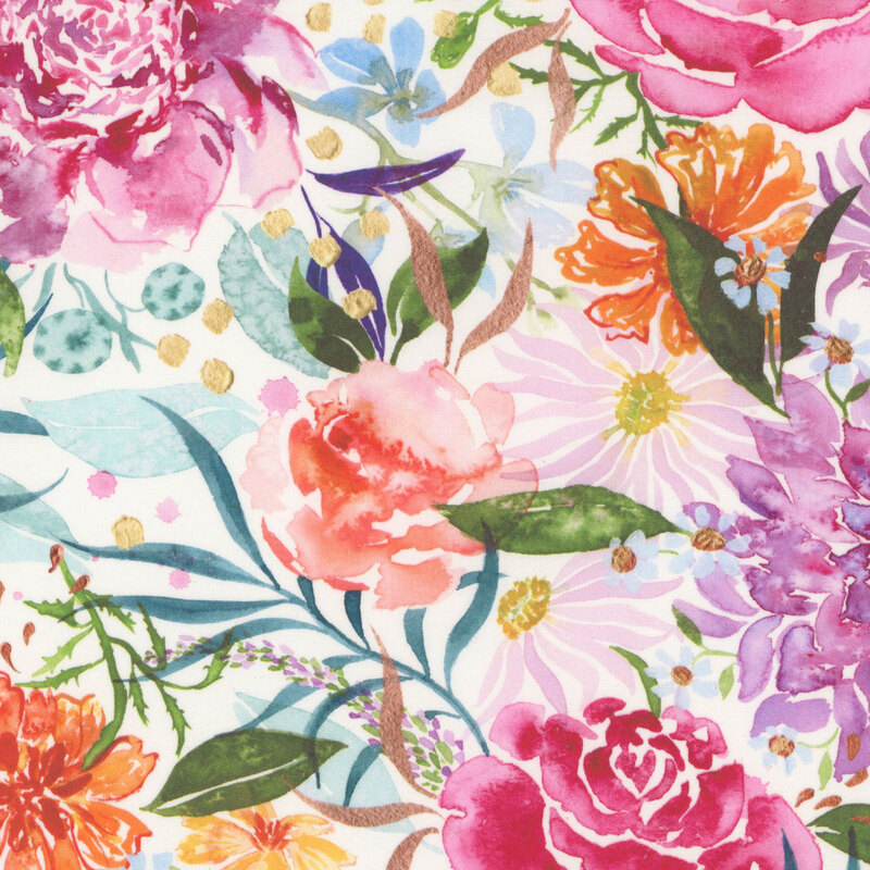 Watercolor fabric featuring colorful florals and green foliage against a cream background.
