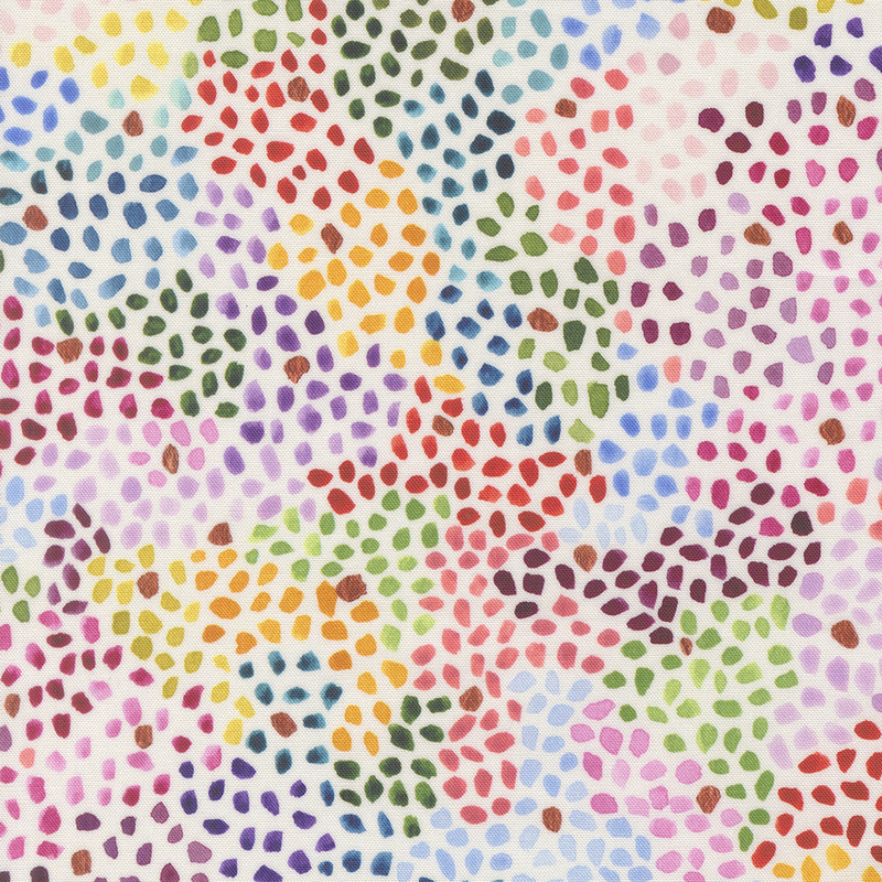 Multicolored dots arranged in a vibrant, abstract pattern on a light background.
