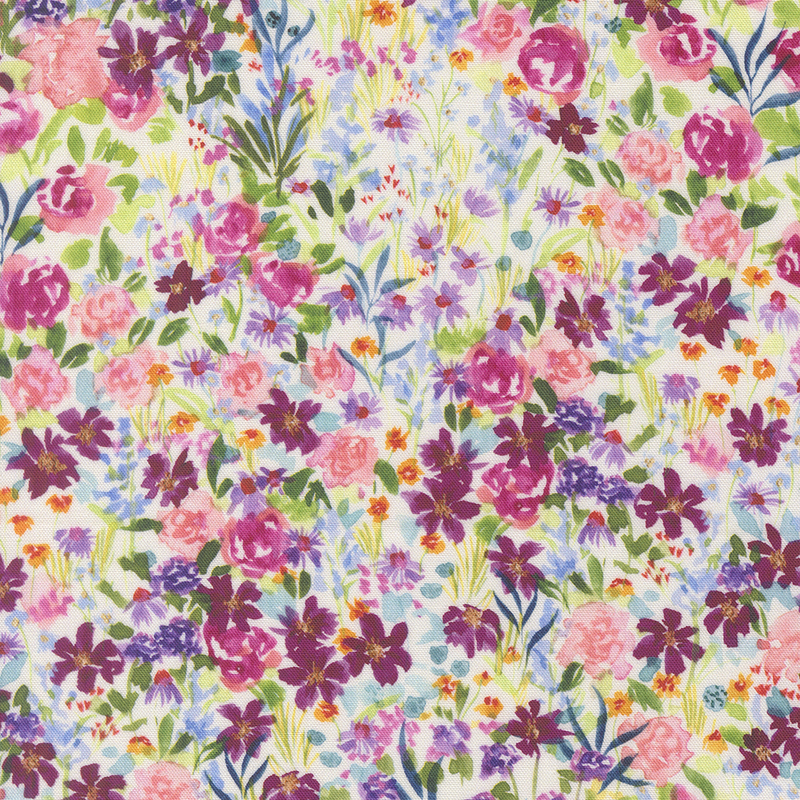 Watercolor fabric featuring various flowers in shades of pink, purple, and yellow on a cream background.