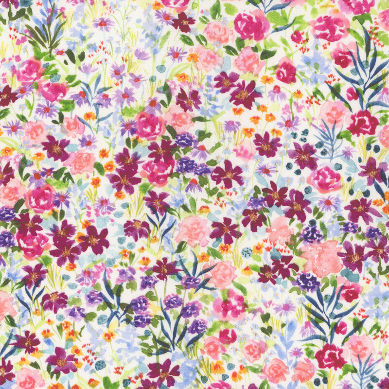 Watercolor fabric featuring various flowers in shades of pink, purple, and yellow on a cream background.