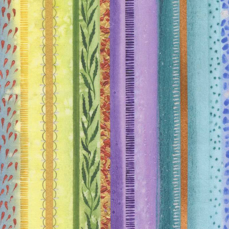 Watercolor fabric with vertical stripes in vibrant colors, featuring various textures and designs.