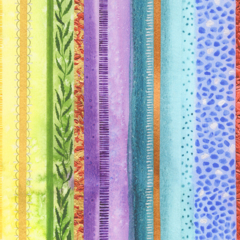 Watercolor fabric with vertical stripes in vibrant colors, featuring various textures and designs.