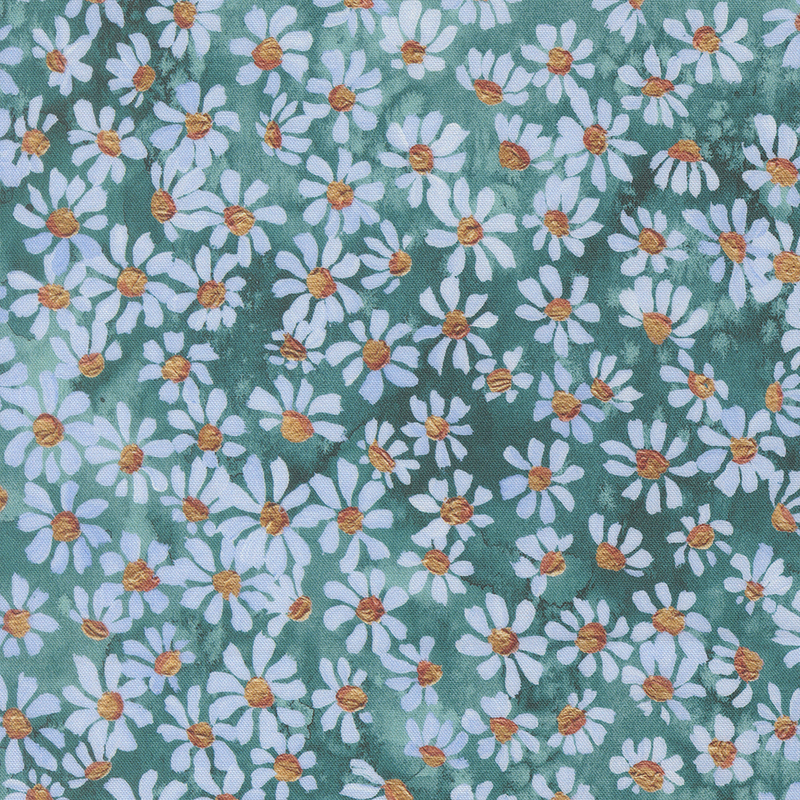 Watercolor fabric featuring white daisies with yellow centers against a turquoise background.