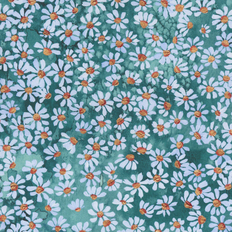 Watercolor fabric featuring white daisies with yellow centers against a turquoise background.