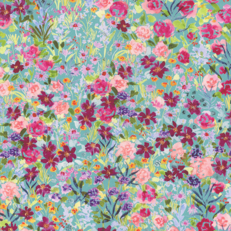 Watercolor fabric featuring various flowers in shades of pink, purple, and yellow on a turquoise background.