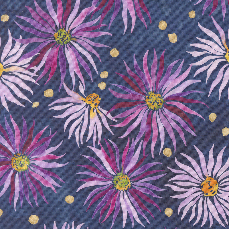 Watercolor fabric featuring pink and purple flowers with yellow centers on a dark blue background.