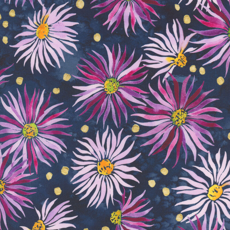 Watercolor fabric featuring pink and purple flowers with yellow centers on a dark blue background.
