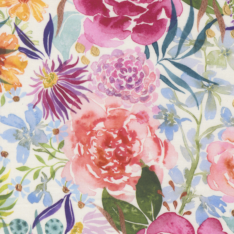 Watercolor fabric featuring colorful florals and green foliage against a cream background.