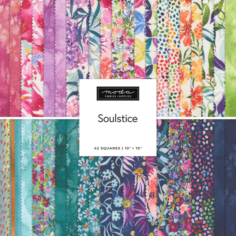 Collage of fabrics in the Soulstice Layer Cake featuring watercolor florals.