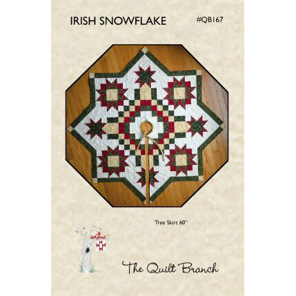 Octagonal tree skirt design featuring a star pattern in red and green on a white background.
