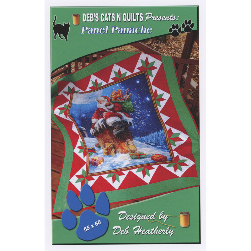 Cover for Panel Panache quilt pattern featuring Santa surrounded by gifts on a colorful background.