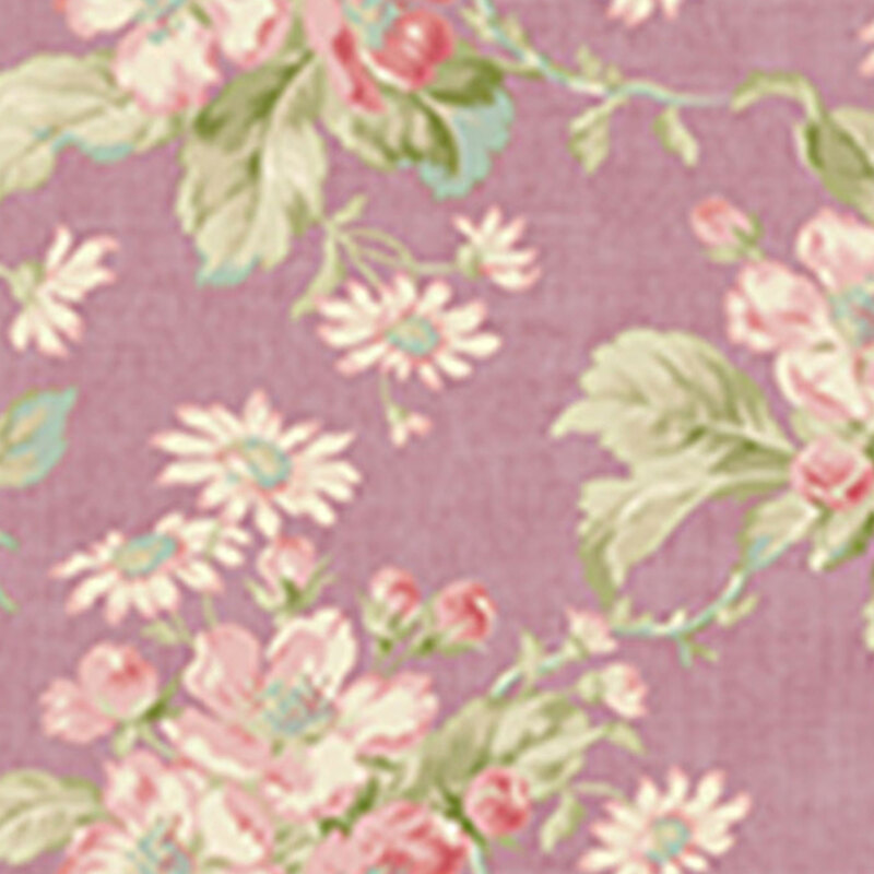 Floral pattern with pink and cream flowers on a textured mauve fabric.
