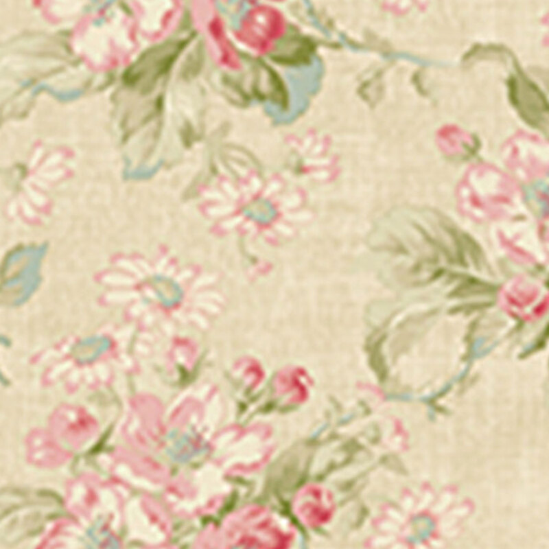 Floral pattern featuring pink and blue flowers on a light beige fabric.