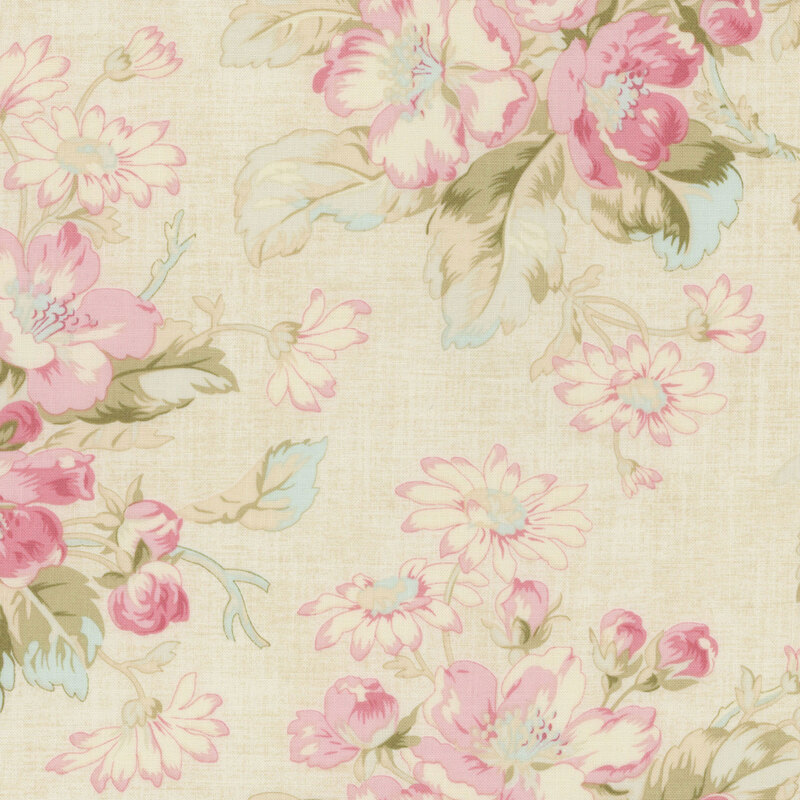 Floral pattern featuring pink and blue flowers on a light beige fabric.