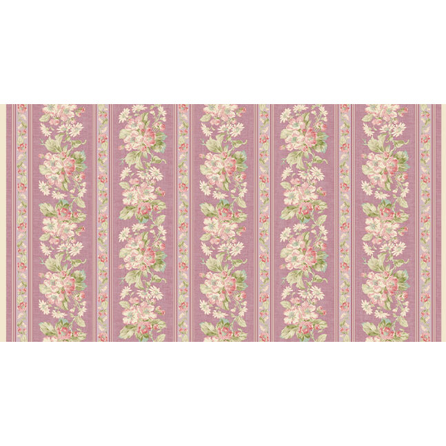 Floral wallpaper design featuring pink and cream flowers on a soft pink striped background.