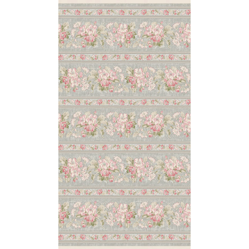 Floral wallpaper with vertical stripes in pastel colors, featuring pink roses on a gray-green background.