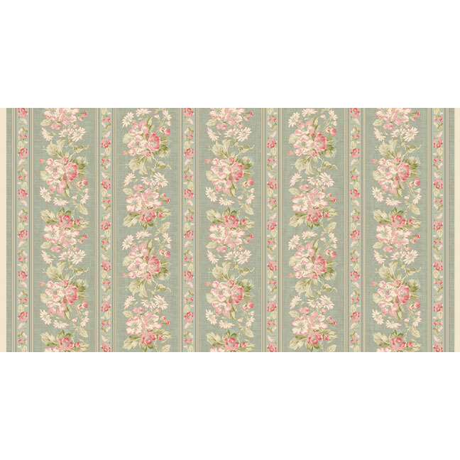 Floral wallpaper with vertical stripes in pastel colors, featuring pink roses on a soft blue background.