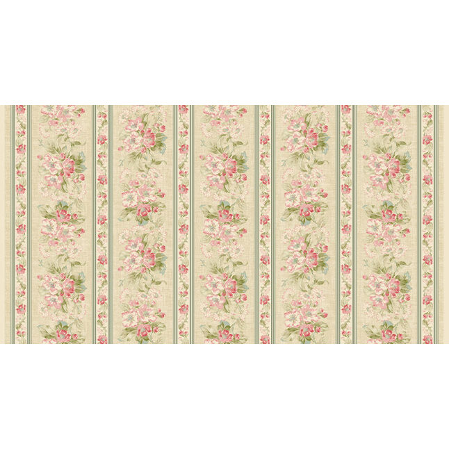 Floral wallpaper design featuring pink and green flowers on a light background with vertical stripes.