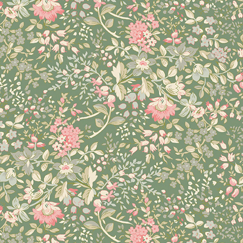 A floral pattern featuring pink and white flowers on a green background, with leafy vines.