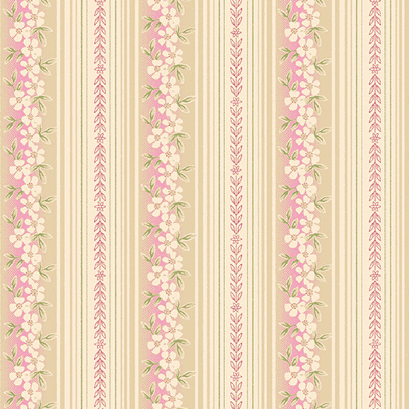 Vertical striped fabric featuring pink flowers and green leaves on a beige background.